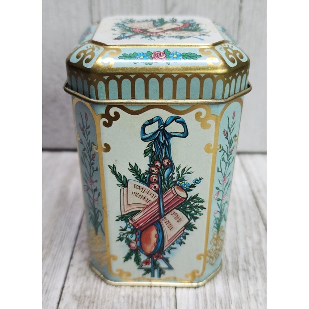 Vintage C.B.C Christmas Metal Tin Music Themed 4'' Tall with Lid Made in Taiwan